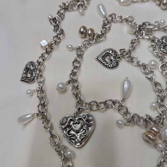 Coldwater Creek Heart Pearl Charm Silvertone Pullover Long Necklace 38" - Picture 6 of 7